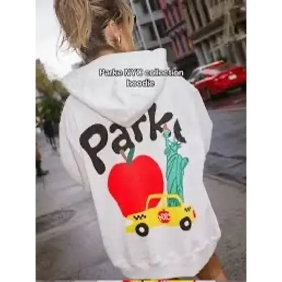 Parke NYC Apple Statue of Liberty Hoodie Grey S/M Rare Graphic Sweatshirt - Picture 2 of 13